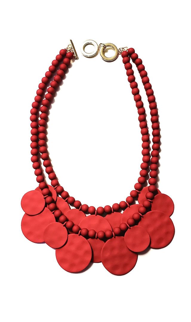 Bead & Matte Medallion Bib Necklace in Red