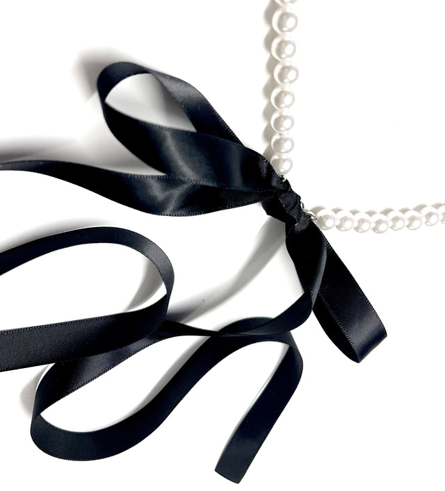 Black Ribbon Faux Pearl Necklace