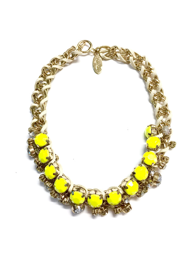 Neon Beaded Rhinestone Suede Chain Necklace